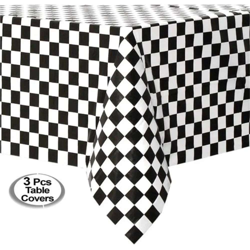 Black Checkered Tablecloth Plastic|3 Pcs Pack -54” Wide x108” Long|Black & White